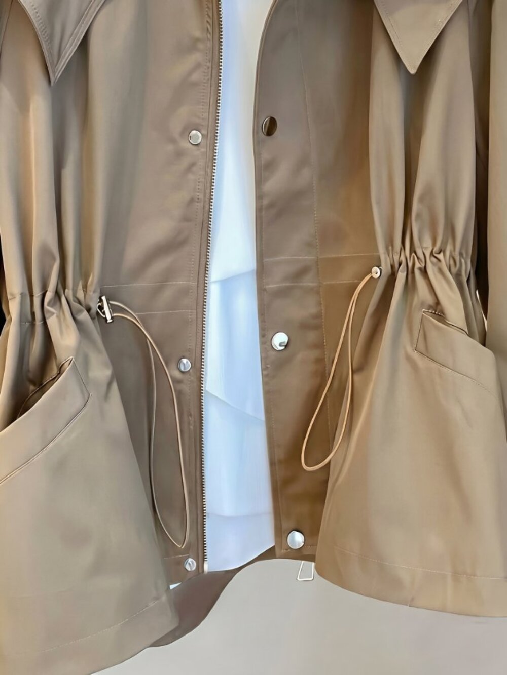 Women Casual Khaki Trench Coat Drawstring Pocket Lightweight Jacket Coat - Picture 3 of 6